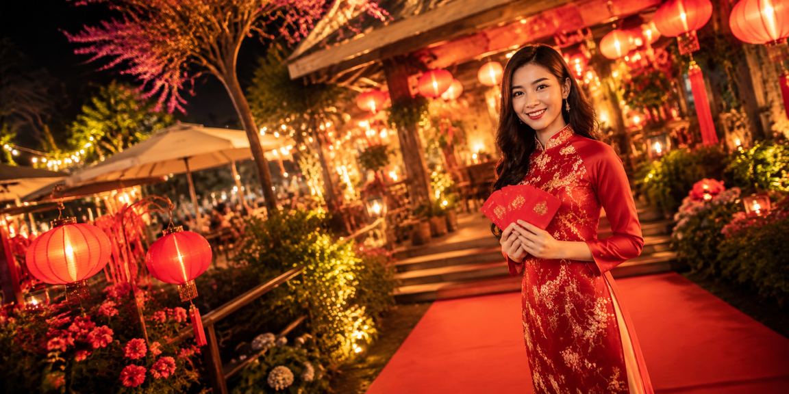 Cảnh thưởng thức cà phê tại Đà Lạt với bao lì xì đỏ