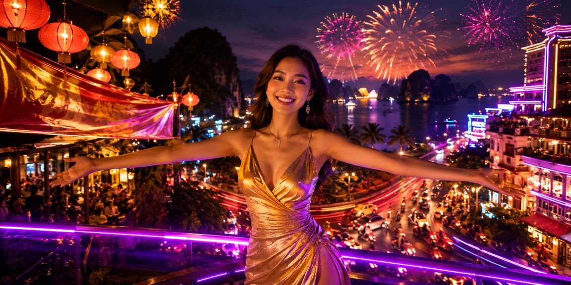 Cảnh đêm ở vịnh Hạ Long với ánh đèn casino